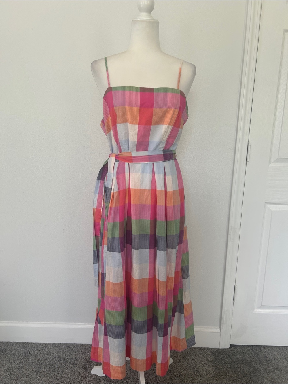 Colorblock Plaid Spaghetti-Strap Maxi Dress with Waist Tie